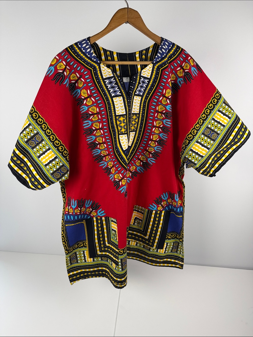 Vibrant Red Dashiki Tunic with Yellow & Blue Pattern